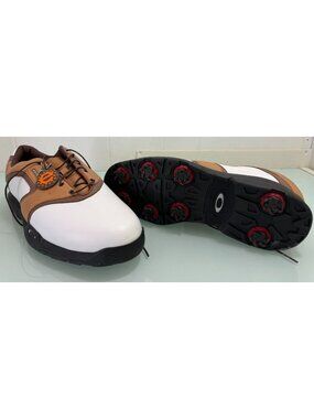 Oakley Men's Golf Shoes White Brown Leather Sneakers Lace Up Spikes Size 13